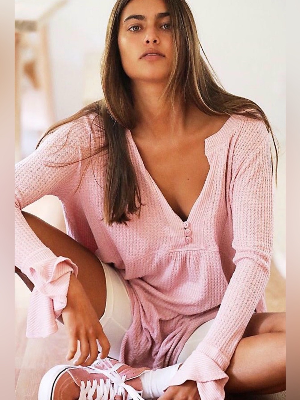 FREE PEOPLE Olivia Waffle Knit Henley Deep V-Neck Tunic Dress Top Light Pink XS